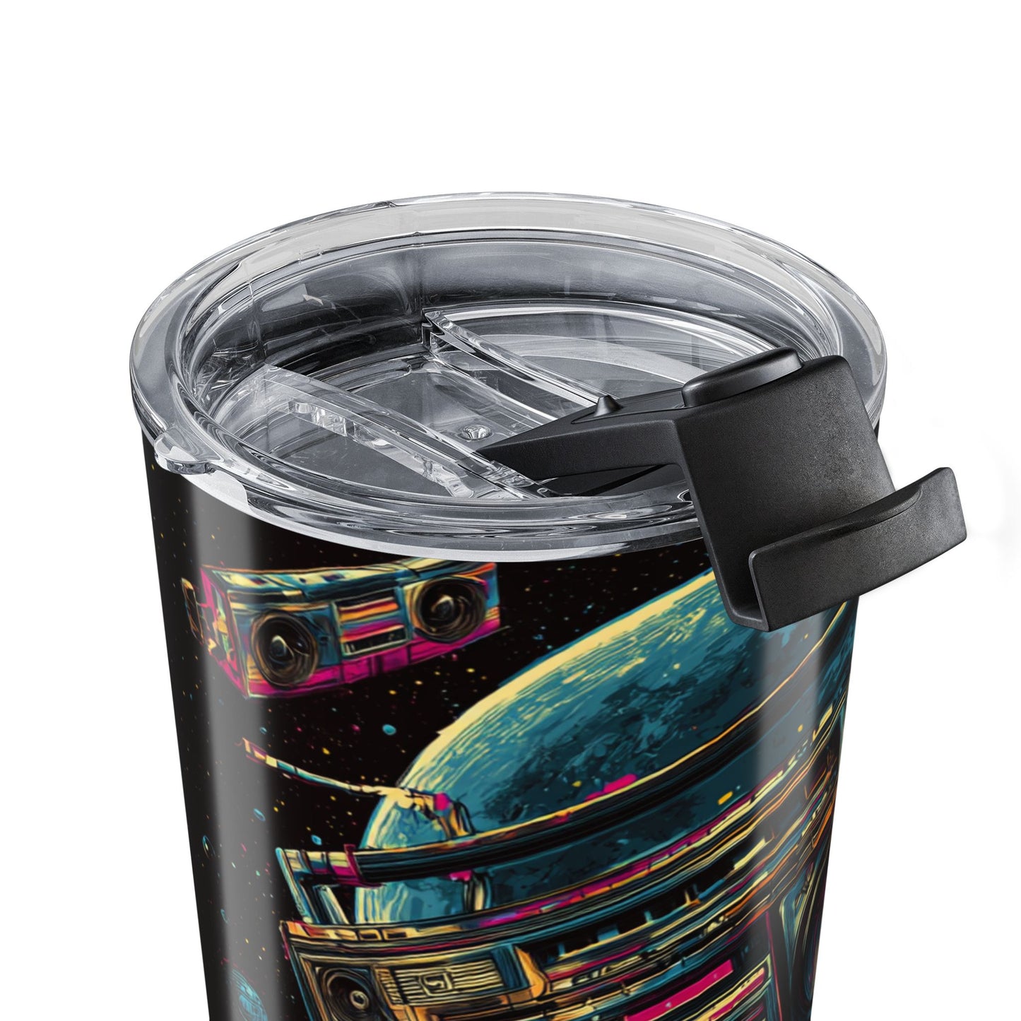 Tumbler with space-themed design and clear lid