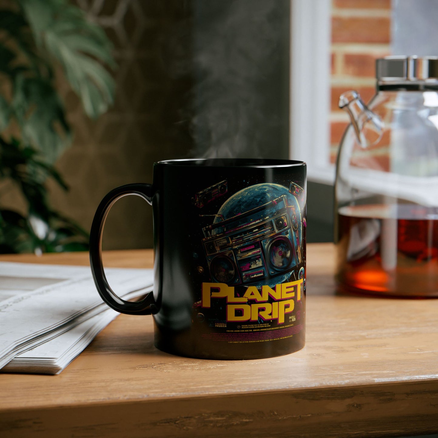 Vibrant Planet Drip Mug, Retro Space Coffee Cup, Unique Gifts for Music Lovers, Black 11oz/15oz Mug, Cool Home Decor