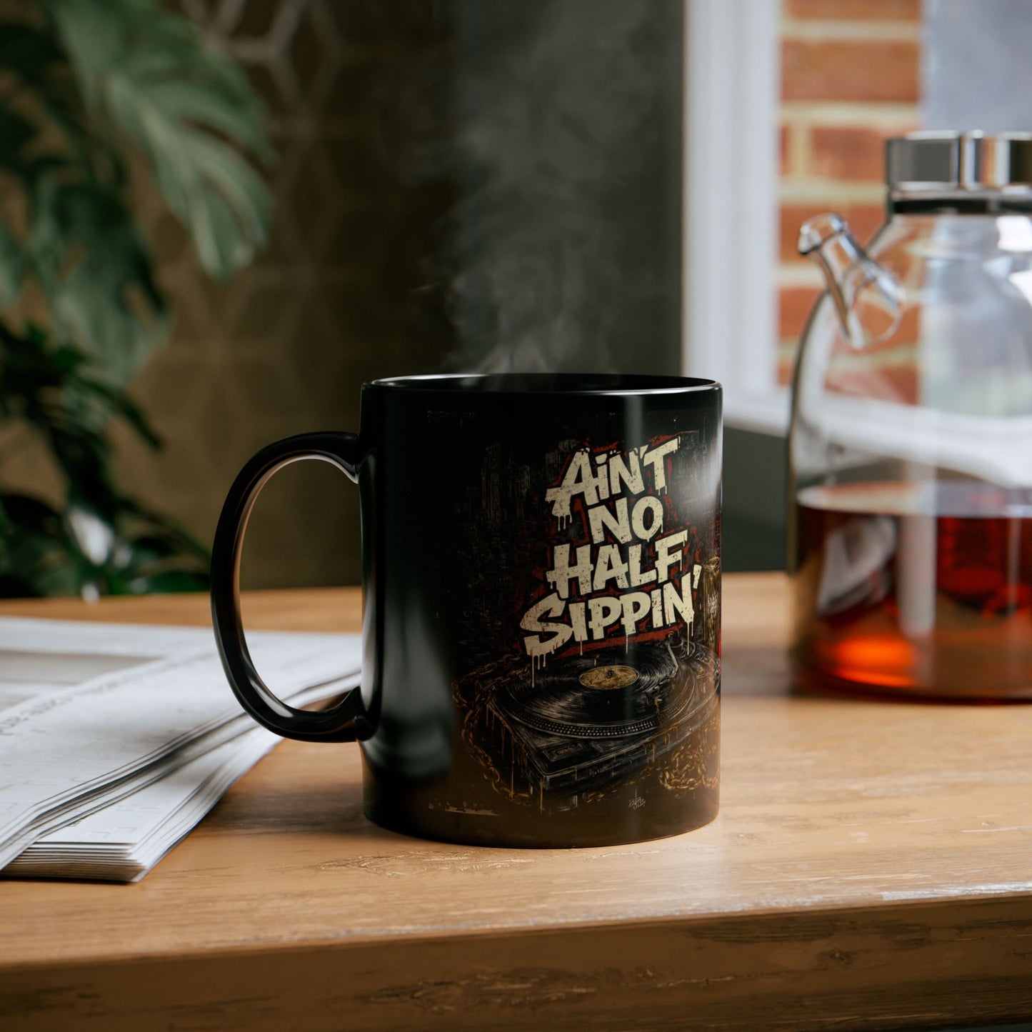 Ain't No Half Sippin' Black Coffee Mug — 11oz/15oz Retro Vinyl & City Rooftop Design