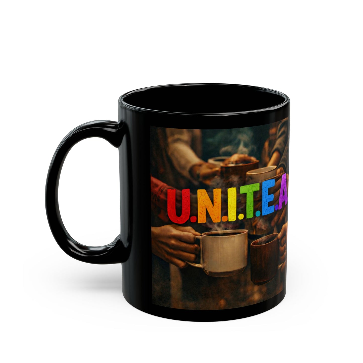 Unity Coffee Mug — U.N.I.T.E.A. Rainbow Inclusive 11oz/15oz Black Ceramic