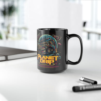 Cosmic Coffee Mug, Planet Drip Design, Retro Vibes, Space Lover Gift, 15oz Black Ceramic Mug