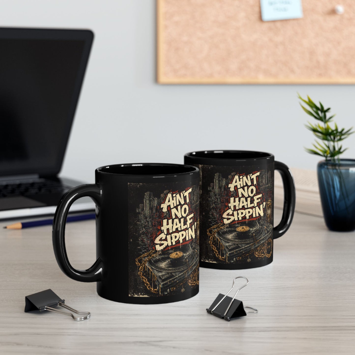 Ain't No Half Sippin' Black Coffee Mug — 11oz/15oz Retro Vinyl & City Rooftop Design