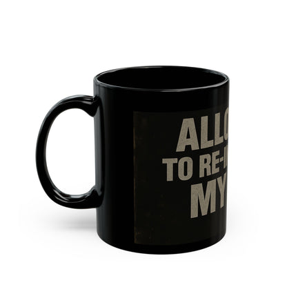 Black mug with text on a white background