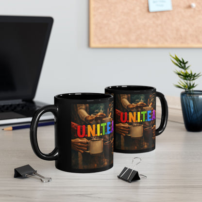 Unity Coffee Mug — U.N.I.T.E.A. Rainbow Inclusive 11oz/15oz Black Ceramic