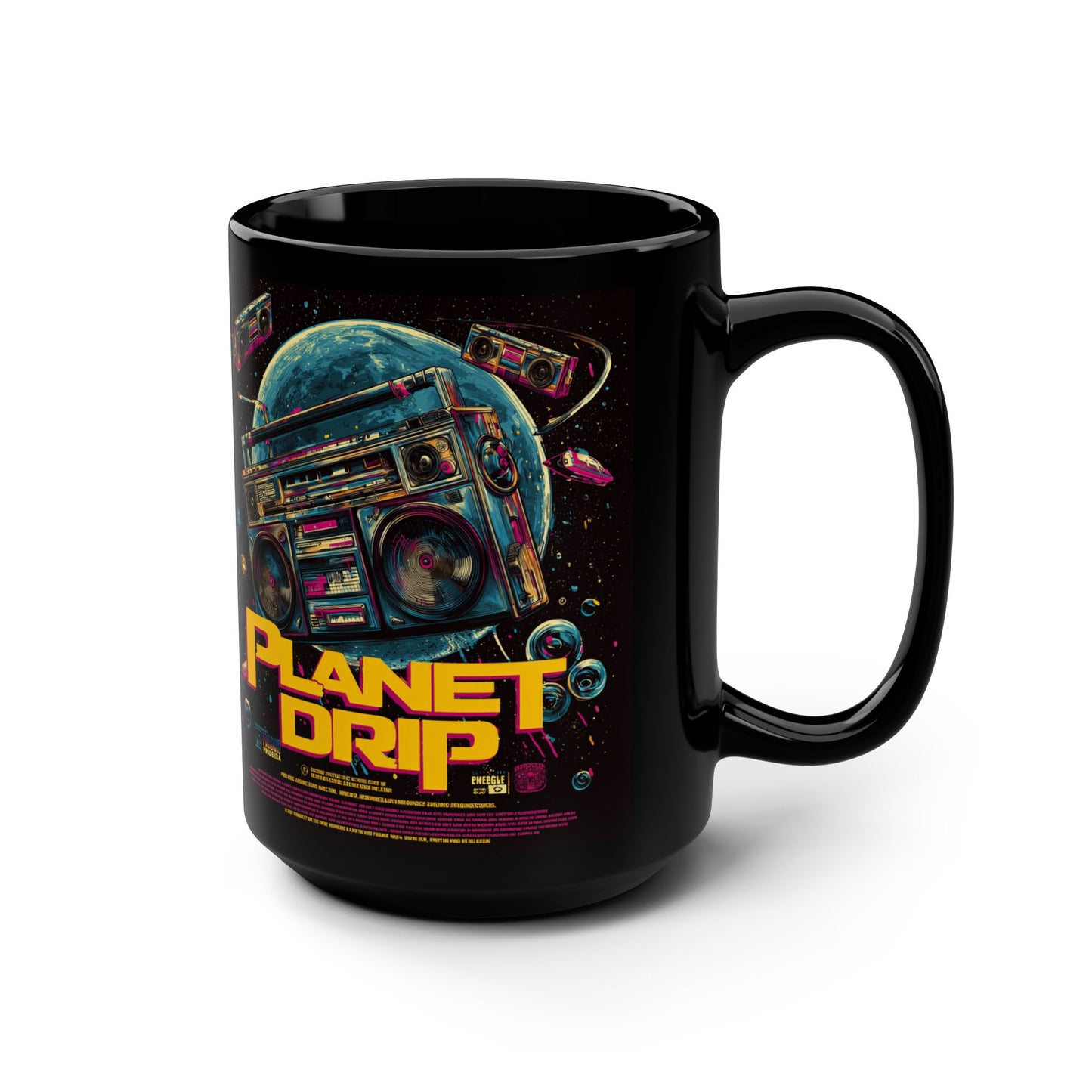 Cosmic Coffee Mug, Planet Drip Design, Retro Vibes, Space Lover Gift, 15oz Black Ceramic Mug