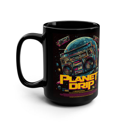 Cosmic Coffee Mug, Planet Drip Design, Retro Vibes, Space Lover Gift, 15oz Black Ceramic Mug