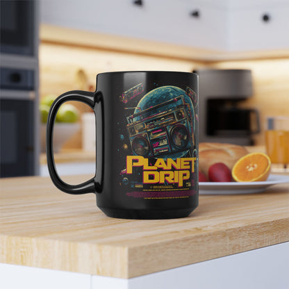 Cosmic Coffee Mug, Planet Drip Design, Retro Vibes, Space Lover Gift, 15oz Black Ceramic Mug