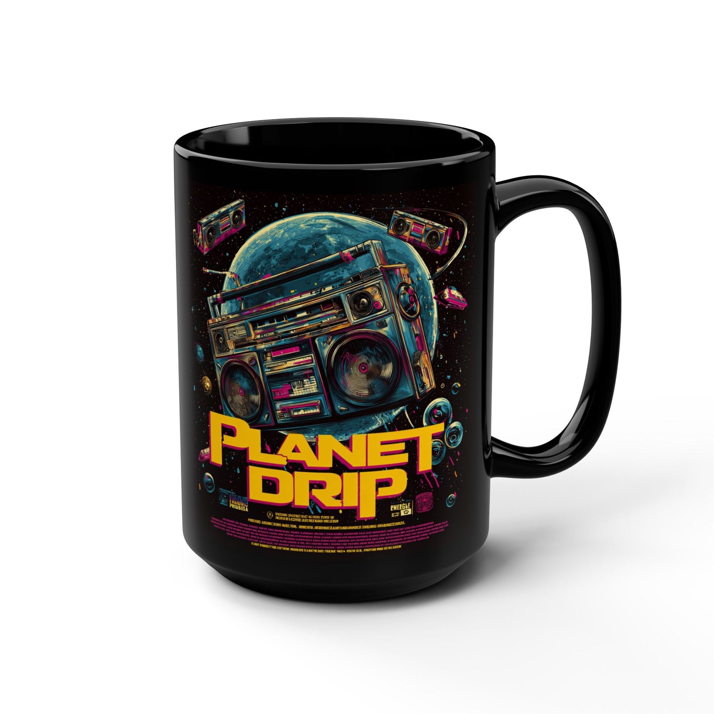 Cosmic Coffee Mug, Planet Drip Design, Retro Vibes, Space Lover Gift, 15oz Black Ceramic Mug