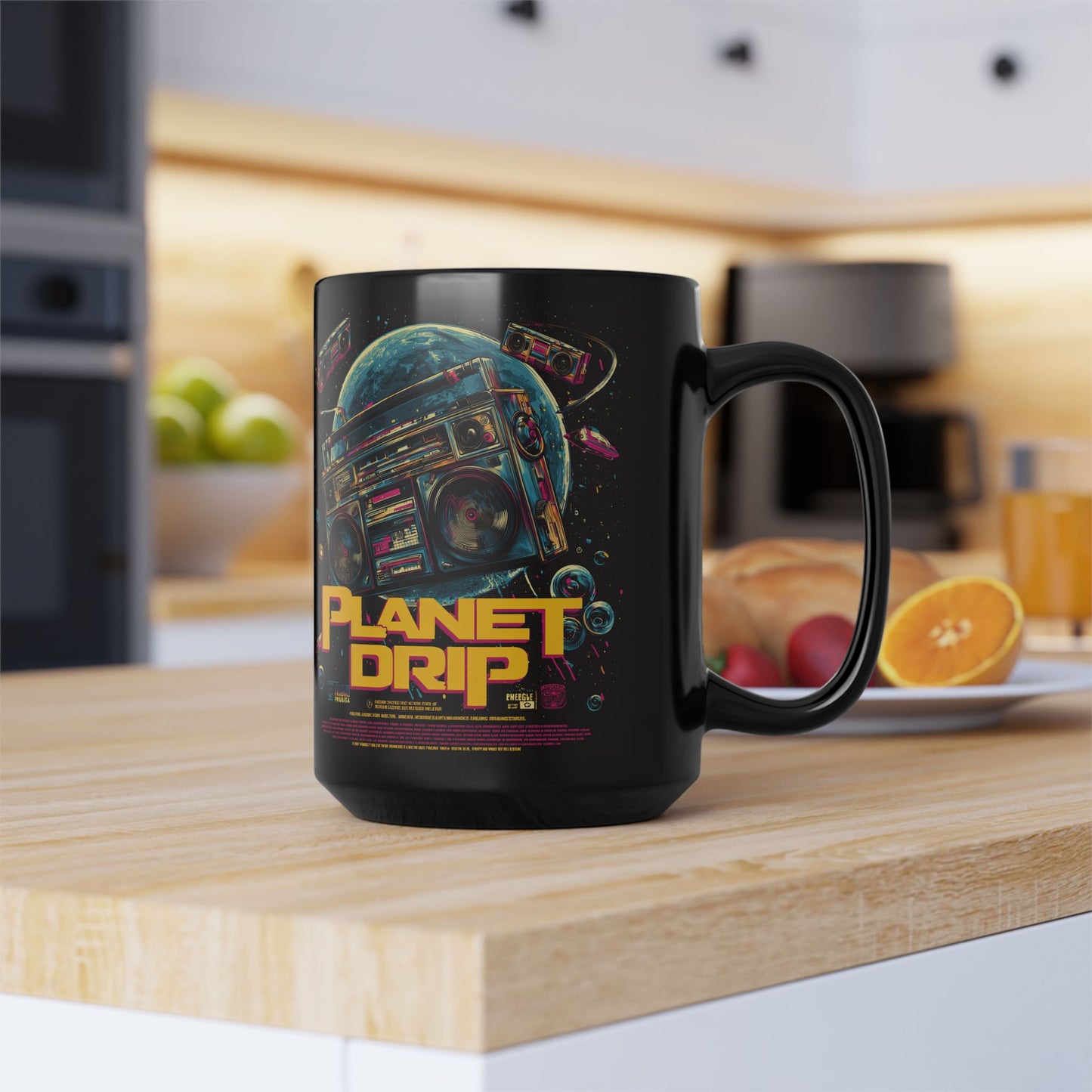 Cosmic Coffee Mug, Planet Drip Design, Retro Vibes, Space Lover Gift, 15oz Black Ceramic Mug