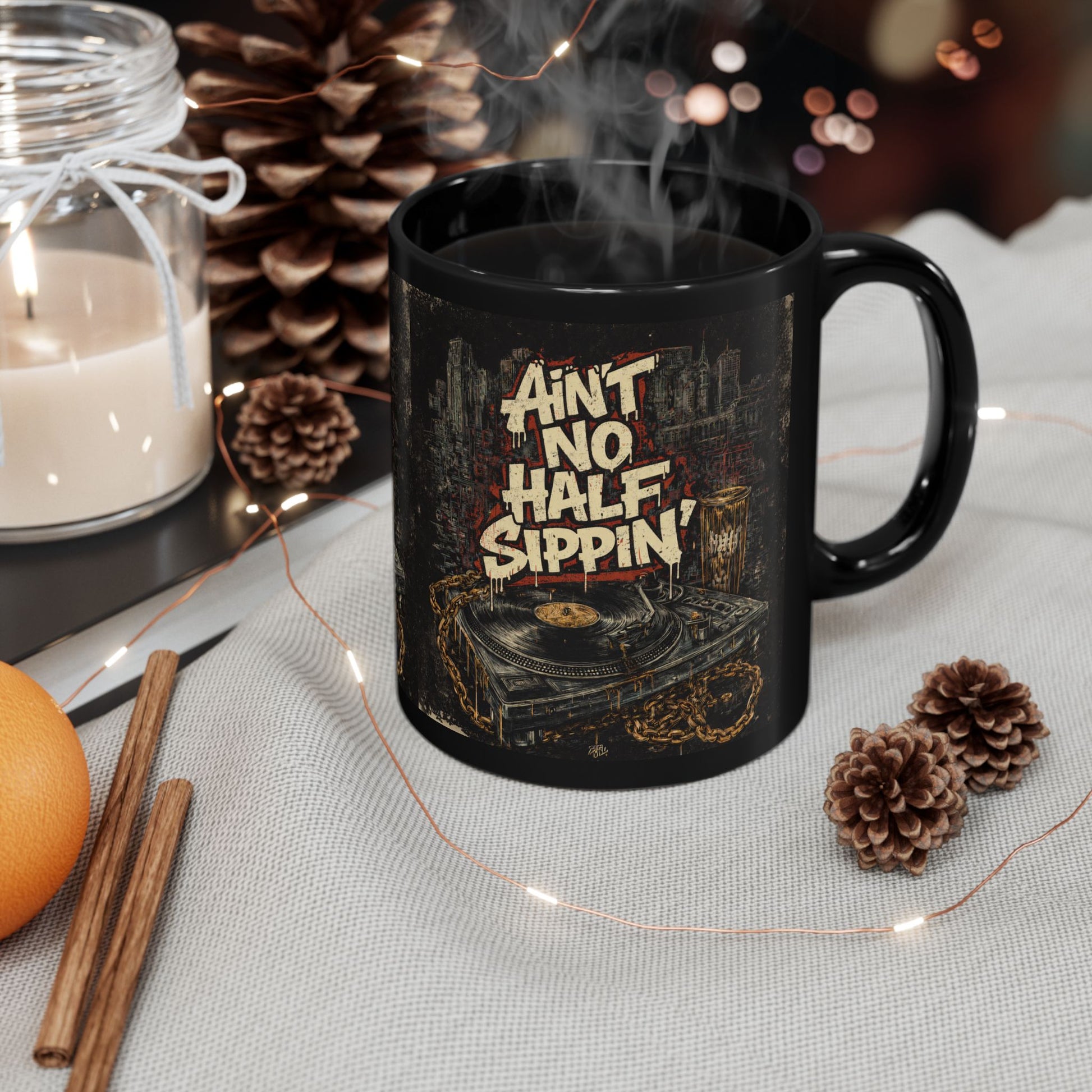 Ain't No Half Sippin' Black Coffee Mug — 11oz/15oz Retro Vinyl & City  Rooftop Design