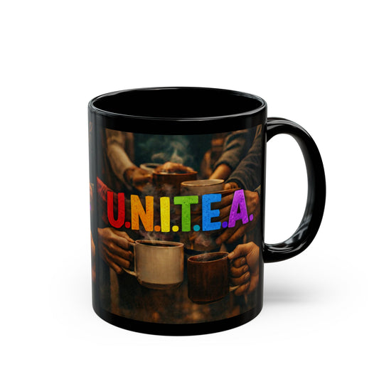 Unity Coffee Mug — U.N.I.T.E.A. Rainbow Inclusive 11oz/15oz Black Ceramic