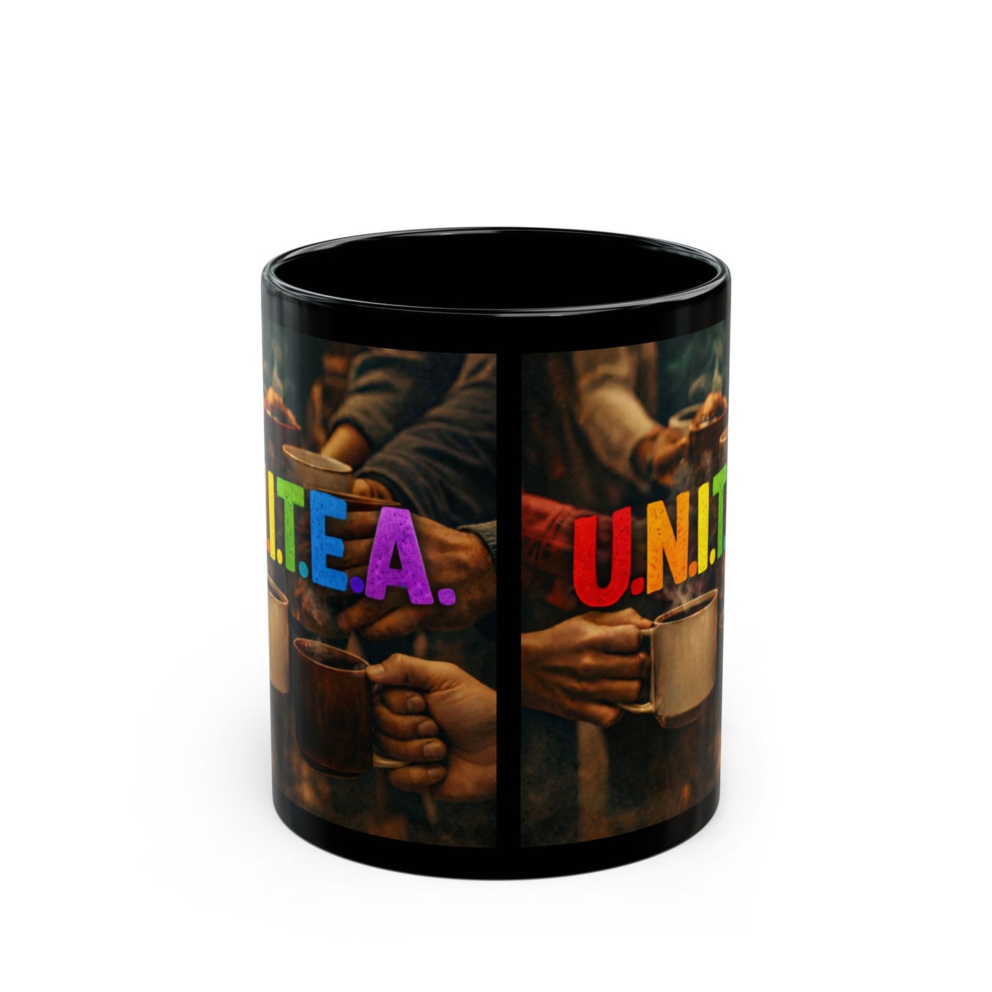Unity Coffee Mug — U.N.I.T.E.A. Rainbow Inclusive 11oz/15oz Black Ceramic