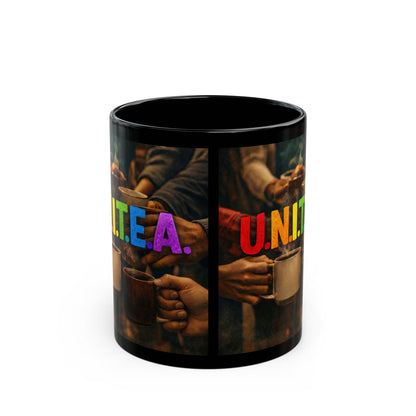 Unity Coffee Mug — U.N.I.T.E.A. Rainbow Inclusive 11oz/15oz Black Ceramic