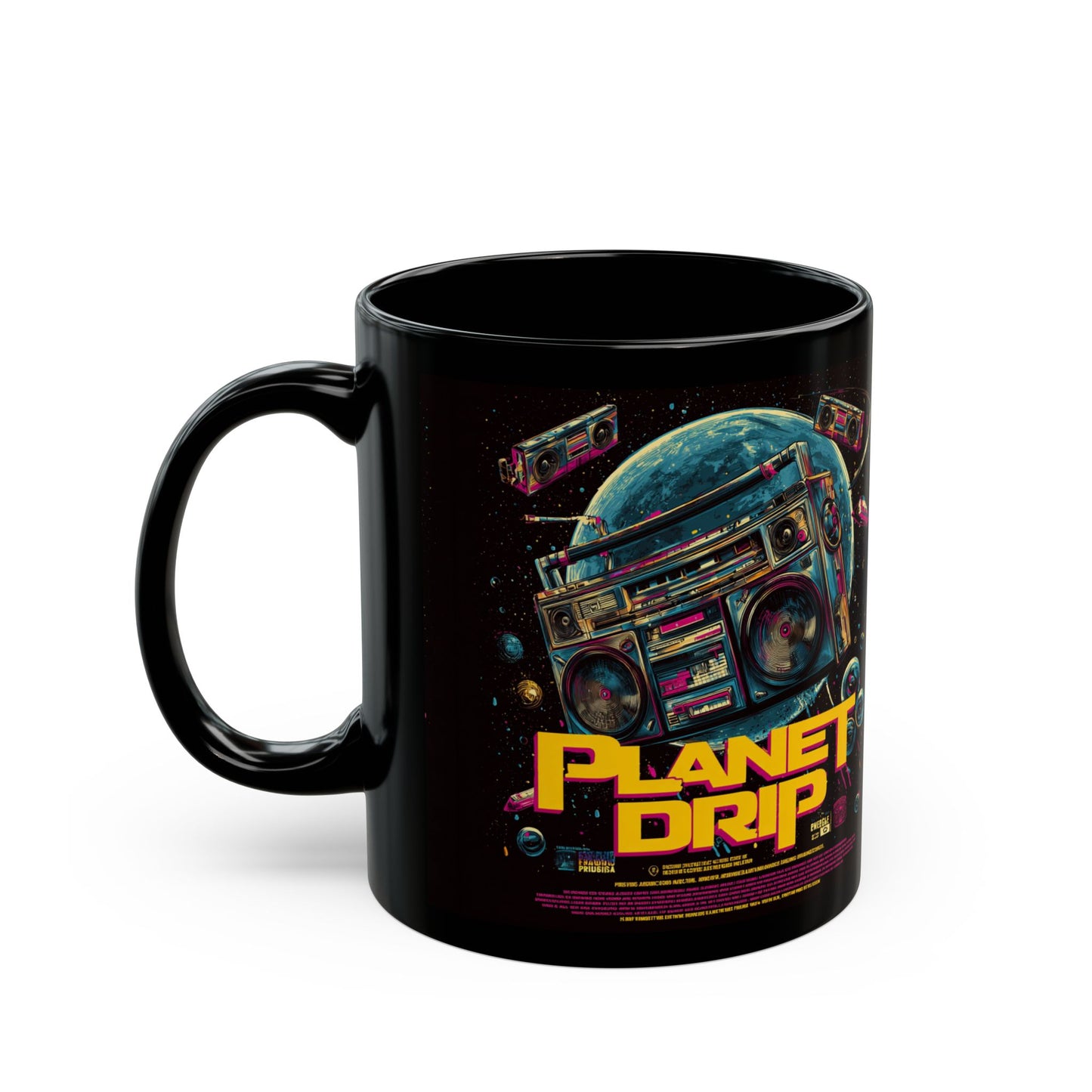 Vibrant Planet Drip Mug, Retro Space Coffee Cup, Unique Gifts for Music Lovers, Black 11oz/15oz Mug, Cool Home Decor