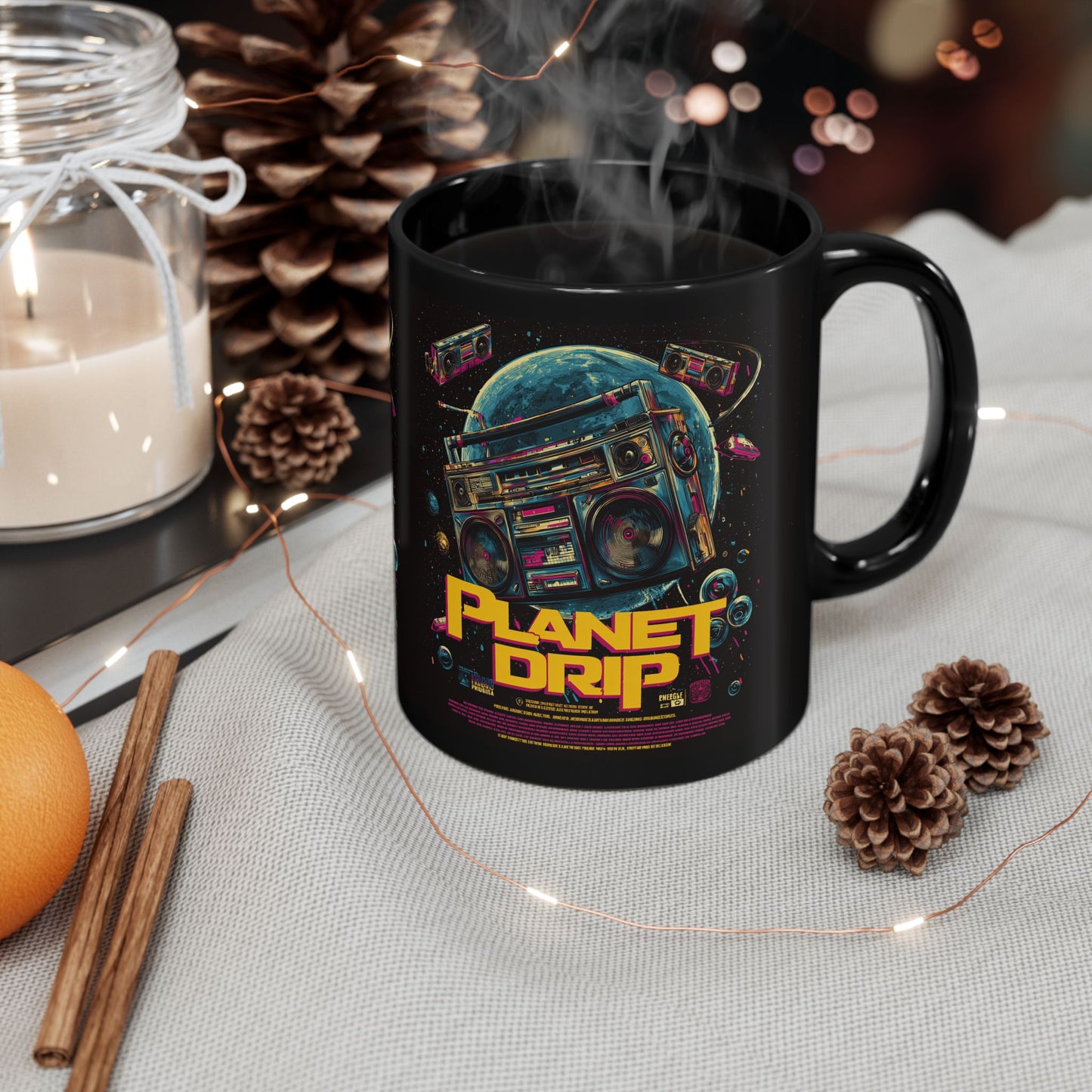 Vibrant Planet Drip Mug, Retro Space Coffee Cup, Unique Gifts for Music Lovers, Black 11oz/15oz Mug, Cool Home Decor