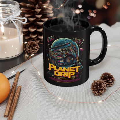 Vibrant Planet Drip Mug, Retro Space Coffee Cup, Unique Gifts for Music Lovers, Black 11oz/15oz Mug, Cool Home Decor