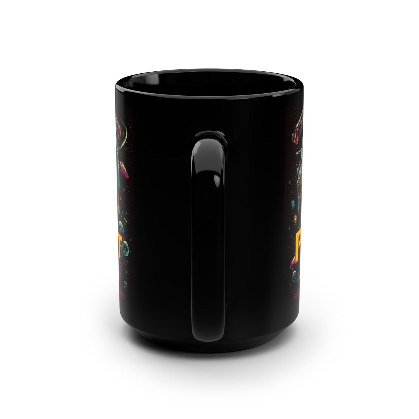 Cosmic Coffee Mug, Planet Drip Design, Retro Vibes, Space Lover Gift, 15oz Black Ceramic Mug