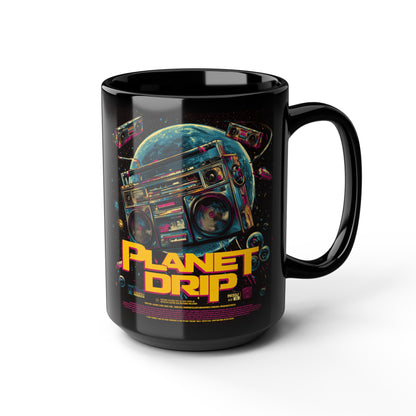 Cosmic Coffee Mug, Planet Drip Design, Retro Vibes, Space Lover Gift, 15oz Black Ceramic Mug